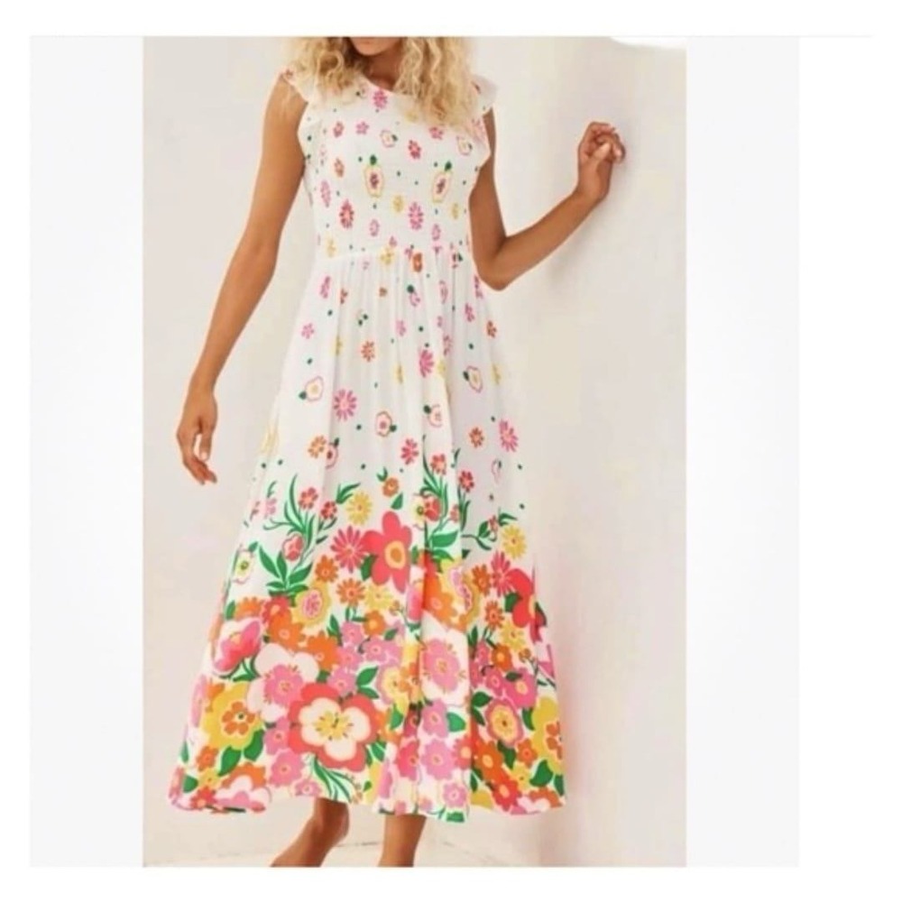 Mister Zimi Abbie Dress White‎ Meadow Floral Smocked Midi Size 10